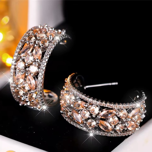 White Zircon Studs Silver Hoops - Picture 4 of 6